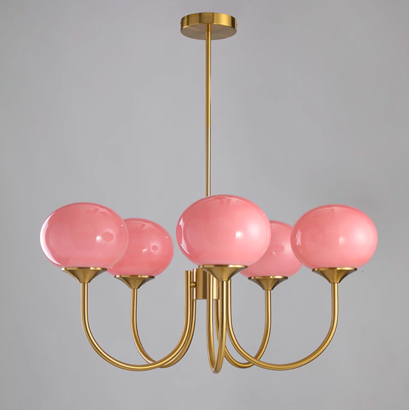 Pink Glow – Plafondlamp met gouden afwerking en roze glazen kappen
