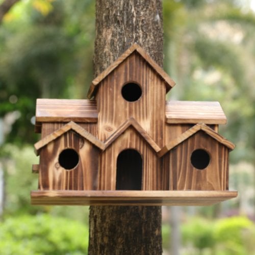 NARA - Luxe Vogelhuisje van Massief Hout met 6 Ingangsgaten voor Kleine Vogels 1