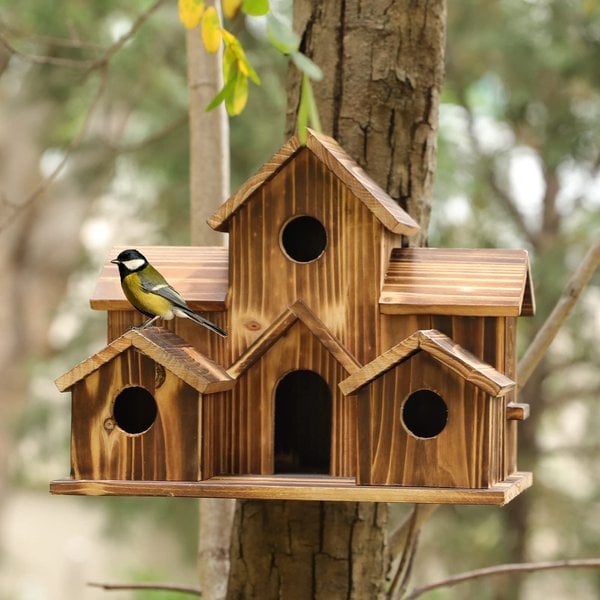 NARA - Luxe Vogelhuisje van Massief Hout met 6 Ingangsgaten voor Kleine Vogels 2