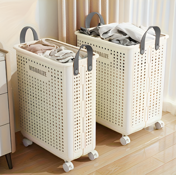 NARA - Opvouwbare Wasmand met Wielen – Ruimtebesparend en Stevig – Neutraal Grijs, 60 x 40 x 30 cm 0