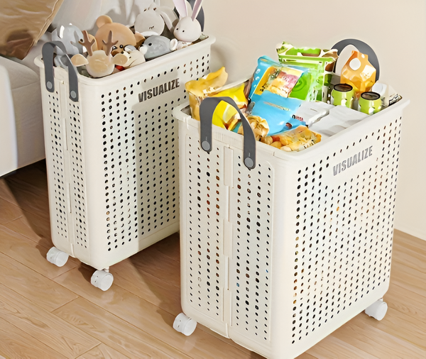NARA - Opvouwbare Wasmand met Wielen – Ruimtebesparend en Stevig – Neutraal Grijs, 60 x 40 x 30 cm 1
