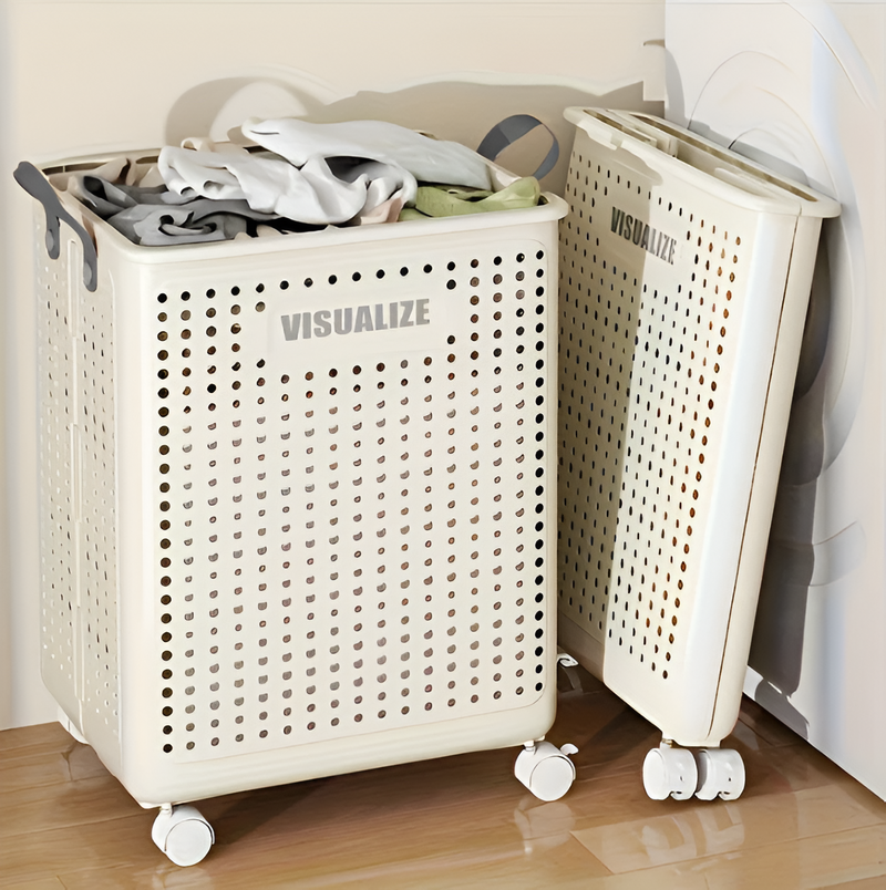 NARA - Opvouwbare Wasmand met Wielen – Ruimtebesparend en Stevig – Neutraal Grijs, 60 x 40 x 30 cm 2