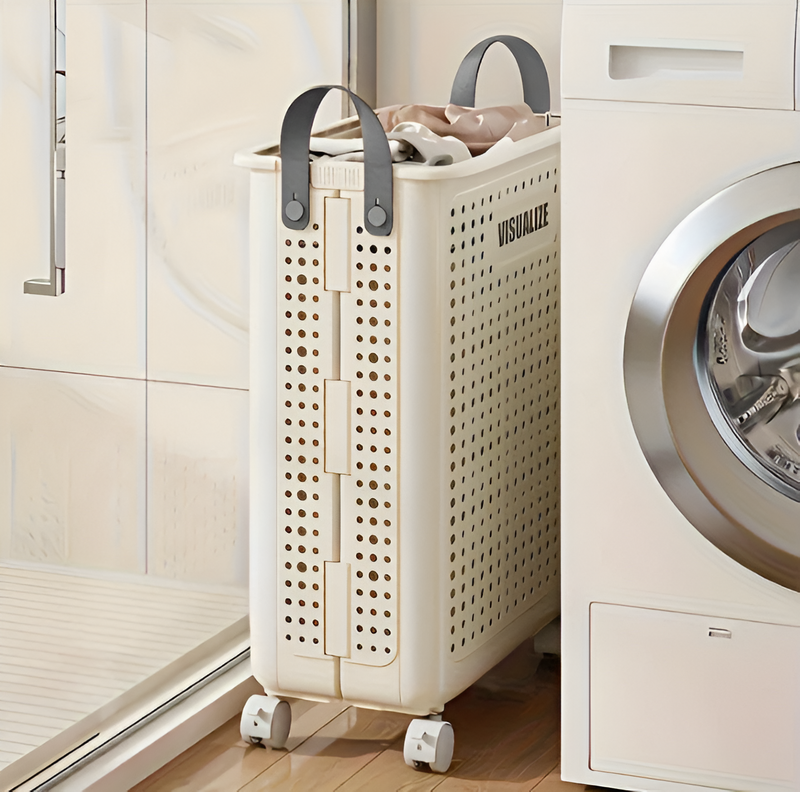 NARA - Opvouwbare Wasmand met Wielen – Ruimtebesparend en Stevig – Neutraal Grijs, 60 x 40 x 30 cm 3