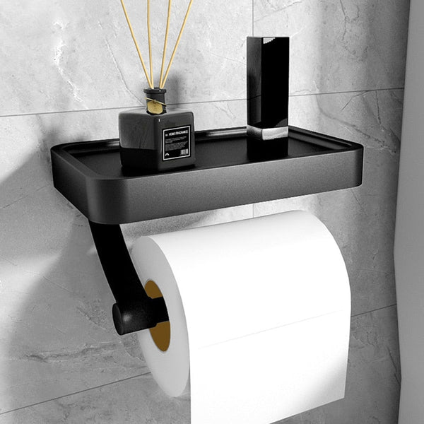 NARA - Zwarte Inbouw WC Rolhouder met Plank van Roestvrij Staal - Eenvoudige Installatie zonder Boren 0