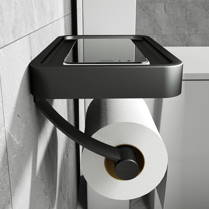NARA - Zwarte Inbouw WC Rolhouder met Plank van Roestvrij Staal - Eenvoudige Installatie zonder Boren 1