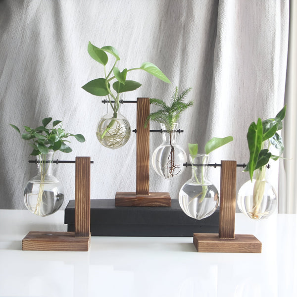 GlassHaven – Zwevend Hydrocultuurvaasje met Houten Standaard