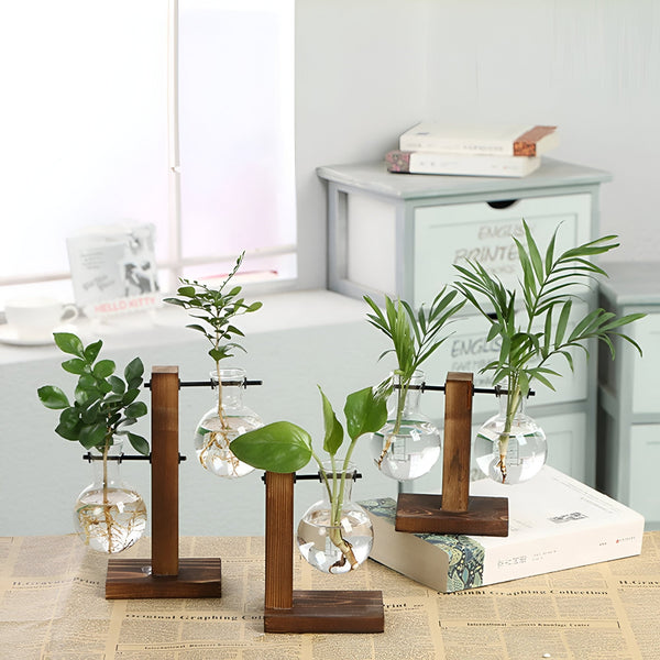 GlassHaven – Zwevend Hydrocultuurvaasje met Houten Standaard